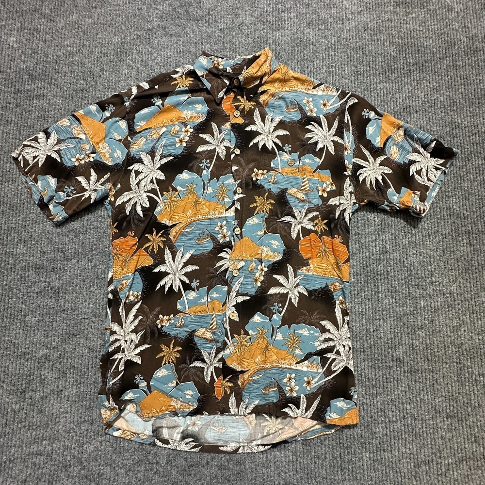 Batik Bay Mens Button Shirt M Brown Rayon Hawaiian Palm Tree Short‎ Sleeve